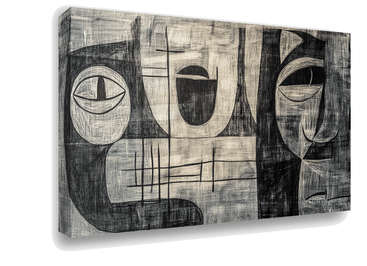 Emotive Faces: Picasso-Inspired Black and White Cubist Canvas