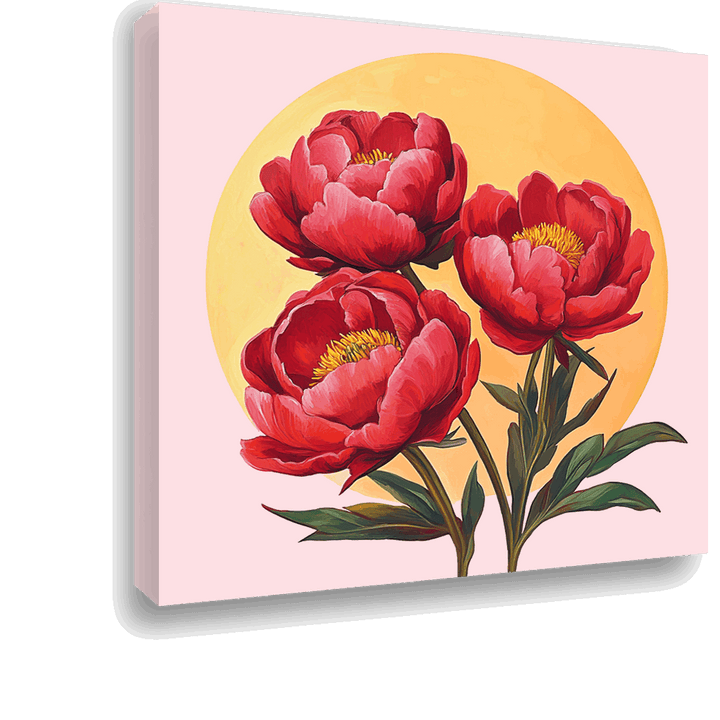Three Red Peonies with Sunburst: Modern Minimalism