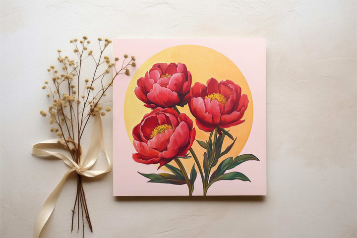 Three Red Peonies with Sunburst: Modern Minimalism