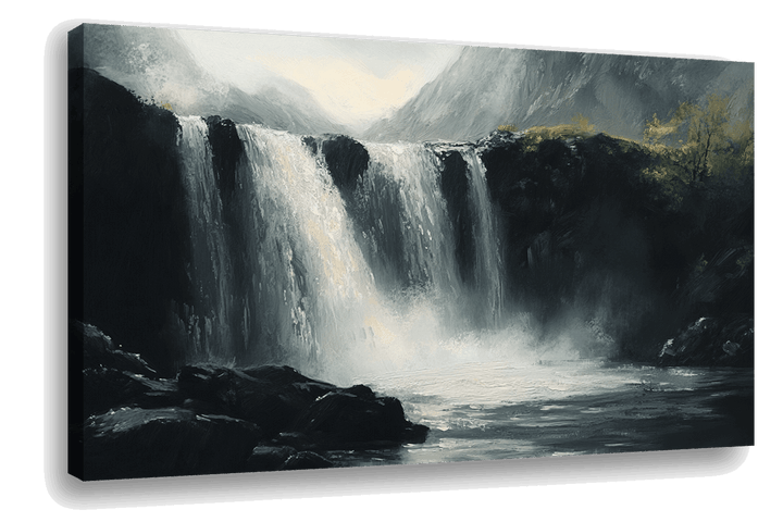 Mystic Falls: Hyper-Realistic Waterfall in Black & Grey