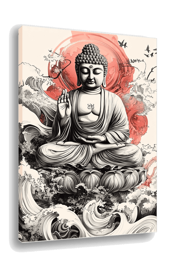 Tranquil Spirit: Buddha with Red Sun and Lotus Robe