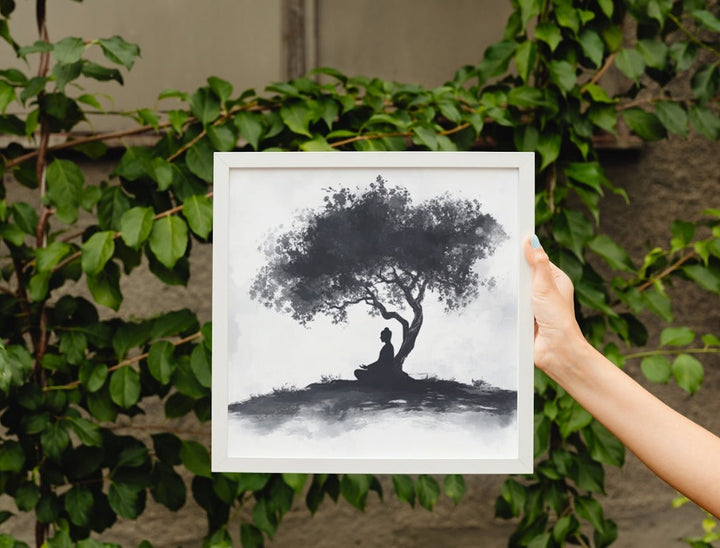 Silent Reflection: Buddha Under the Olive Tree