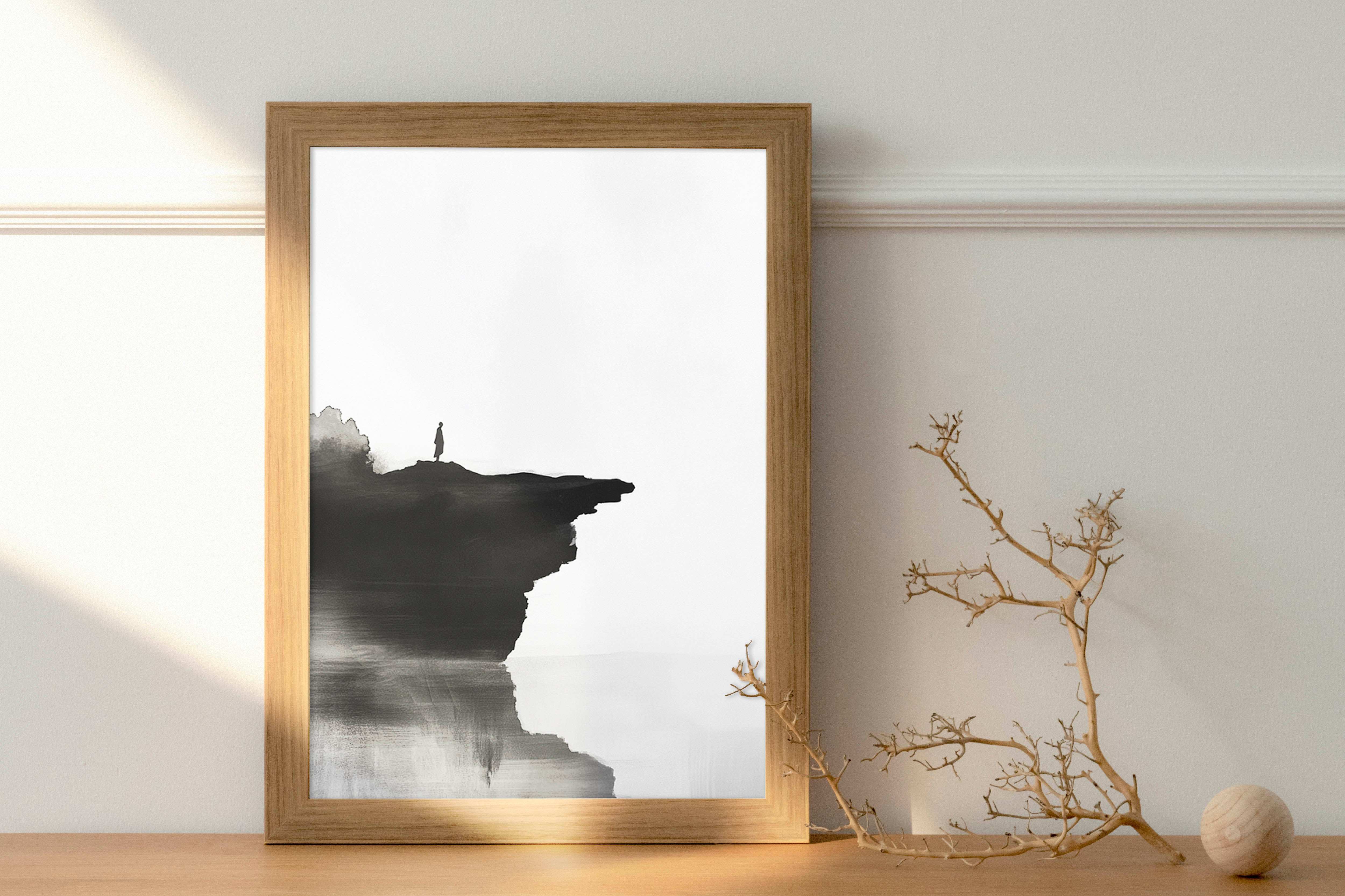 Cliffside Solitude: Minimalist Ink Silhouette