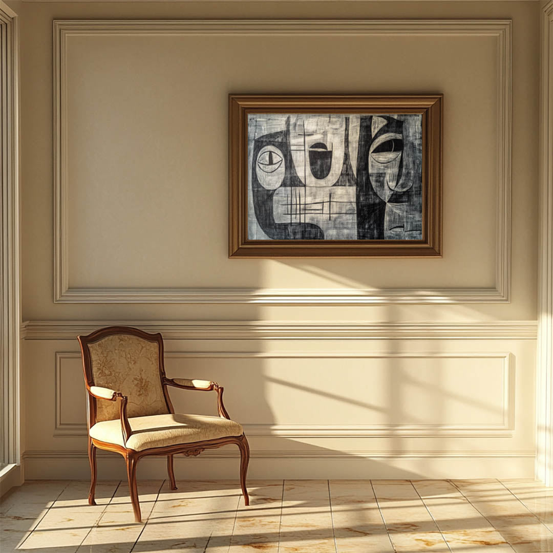 Emotive Faces: Picasso-Inspired Black and White Cubist Canvas