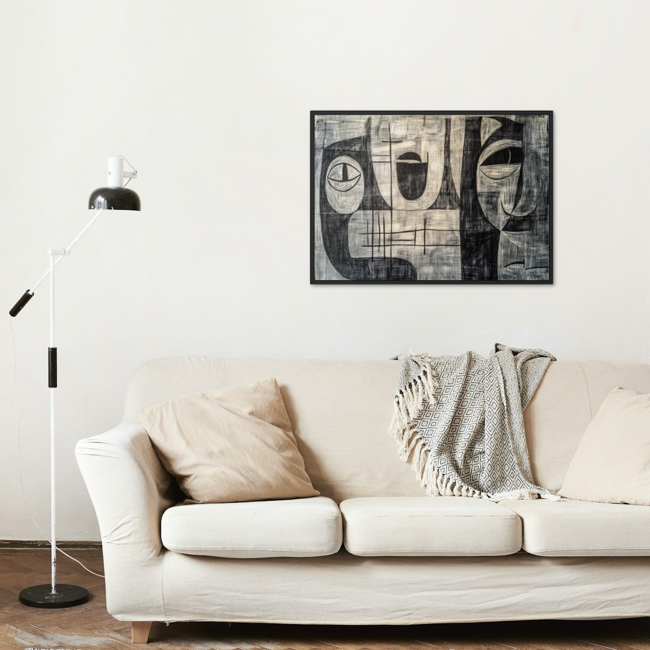 Emotive Faces: Picasso-Inspired Black and White Cubist Canvas