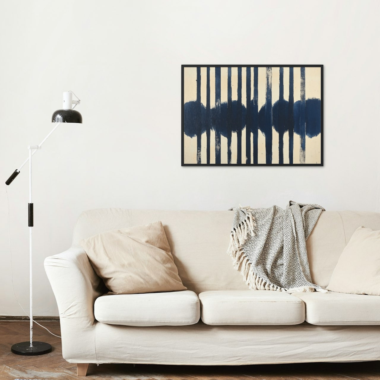 Stripes of Serenity: Abstract Minimalist Art in Navy Blue and Cream