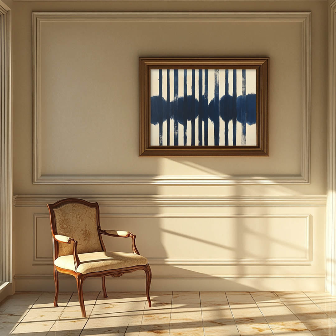 Stripes of Serenity: Abstract Minimalist Art in Navy Blue and Cream