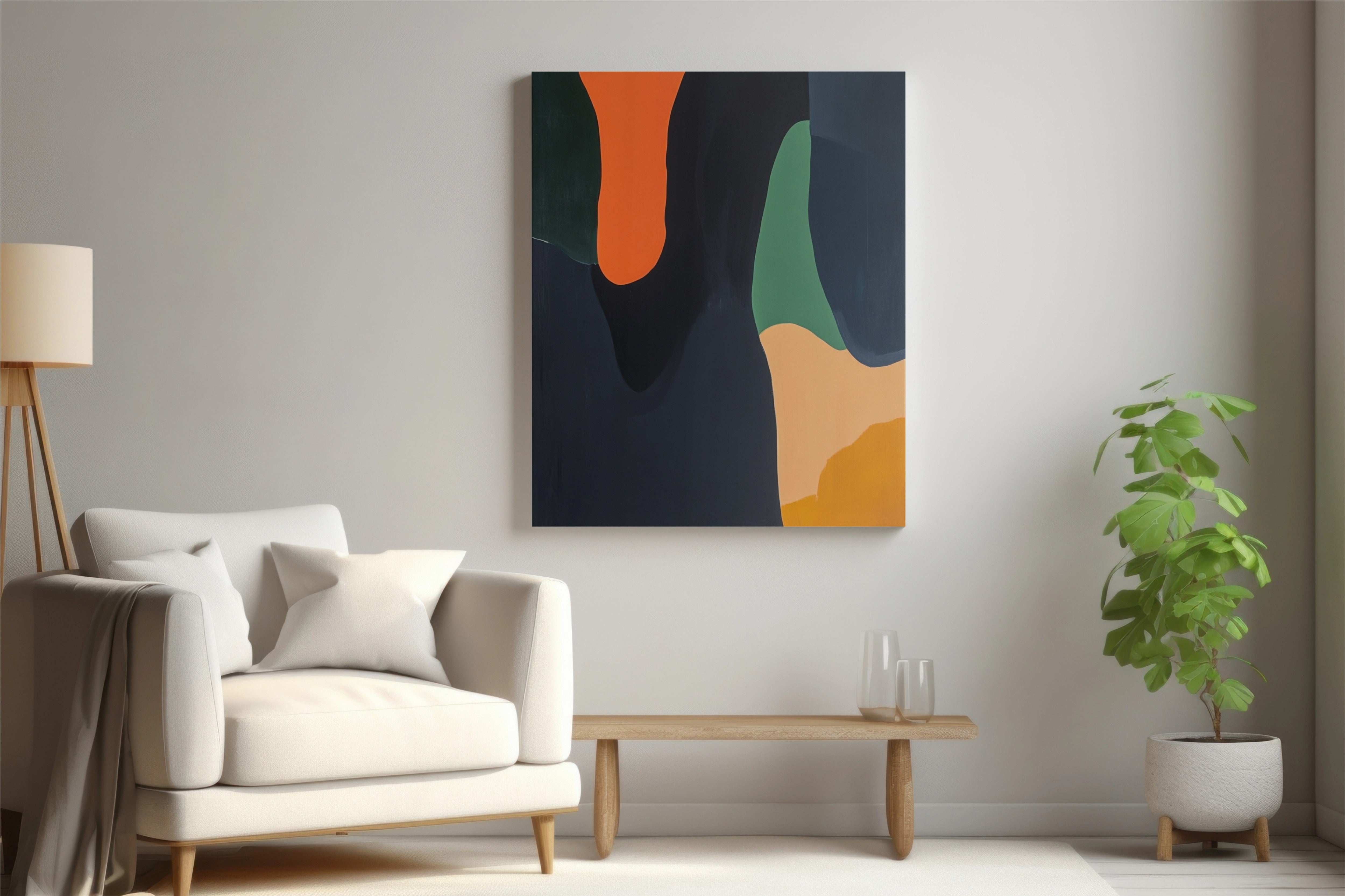 Serene Geometry: Minimalist Abstract Art in Orange, Green, and Navy