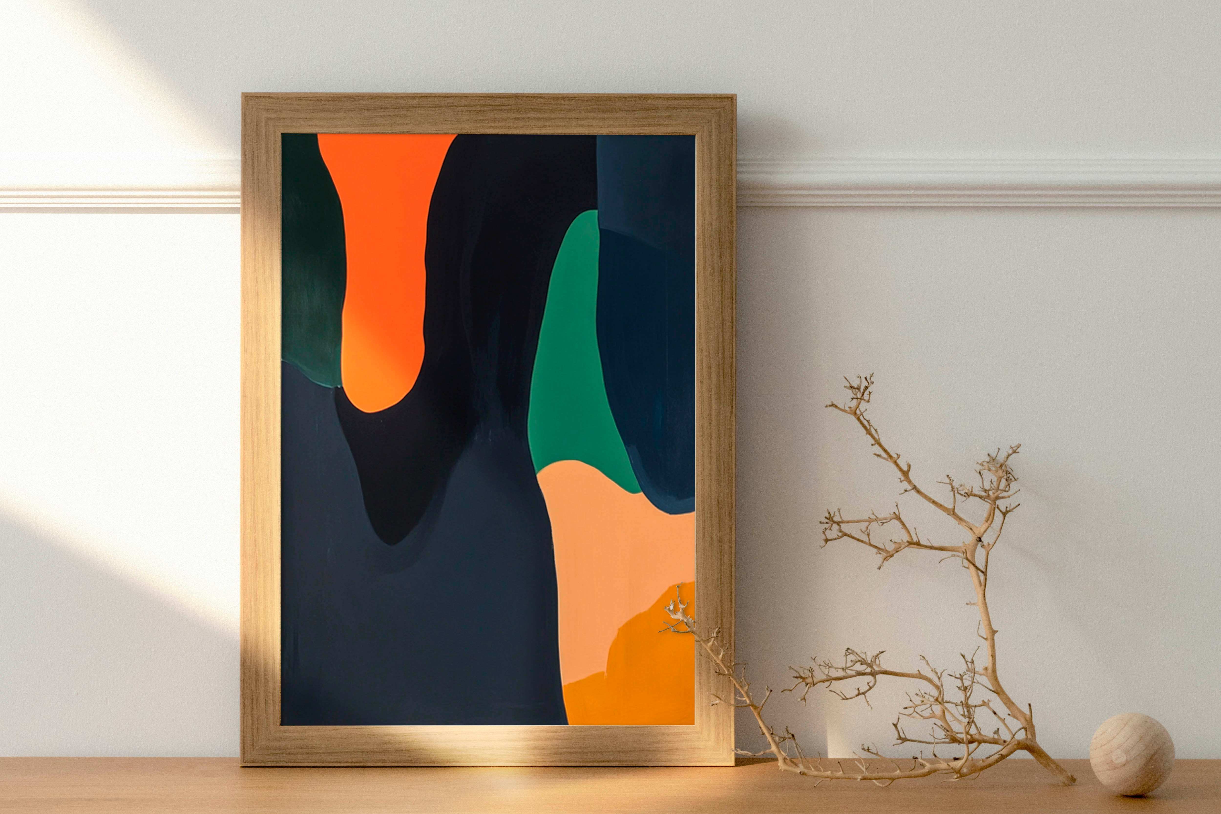 Serene Geometry: Minimalist Abstract Art in Orange, Green, and Navy