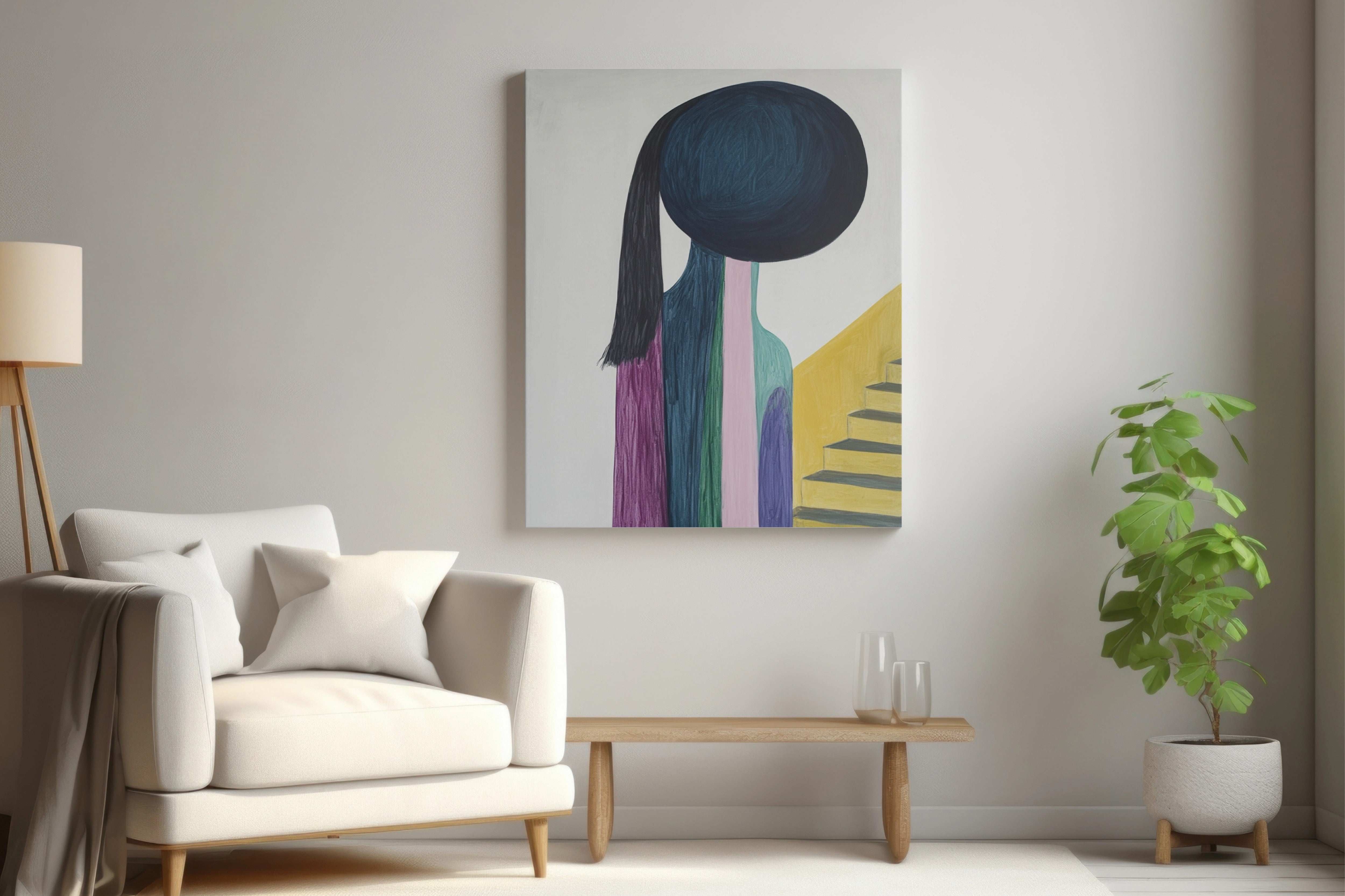 Vibrant Stairs: A Minimalist Portrait in Pastel and Bold Colors