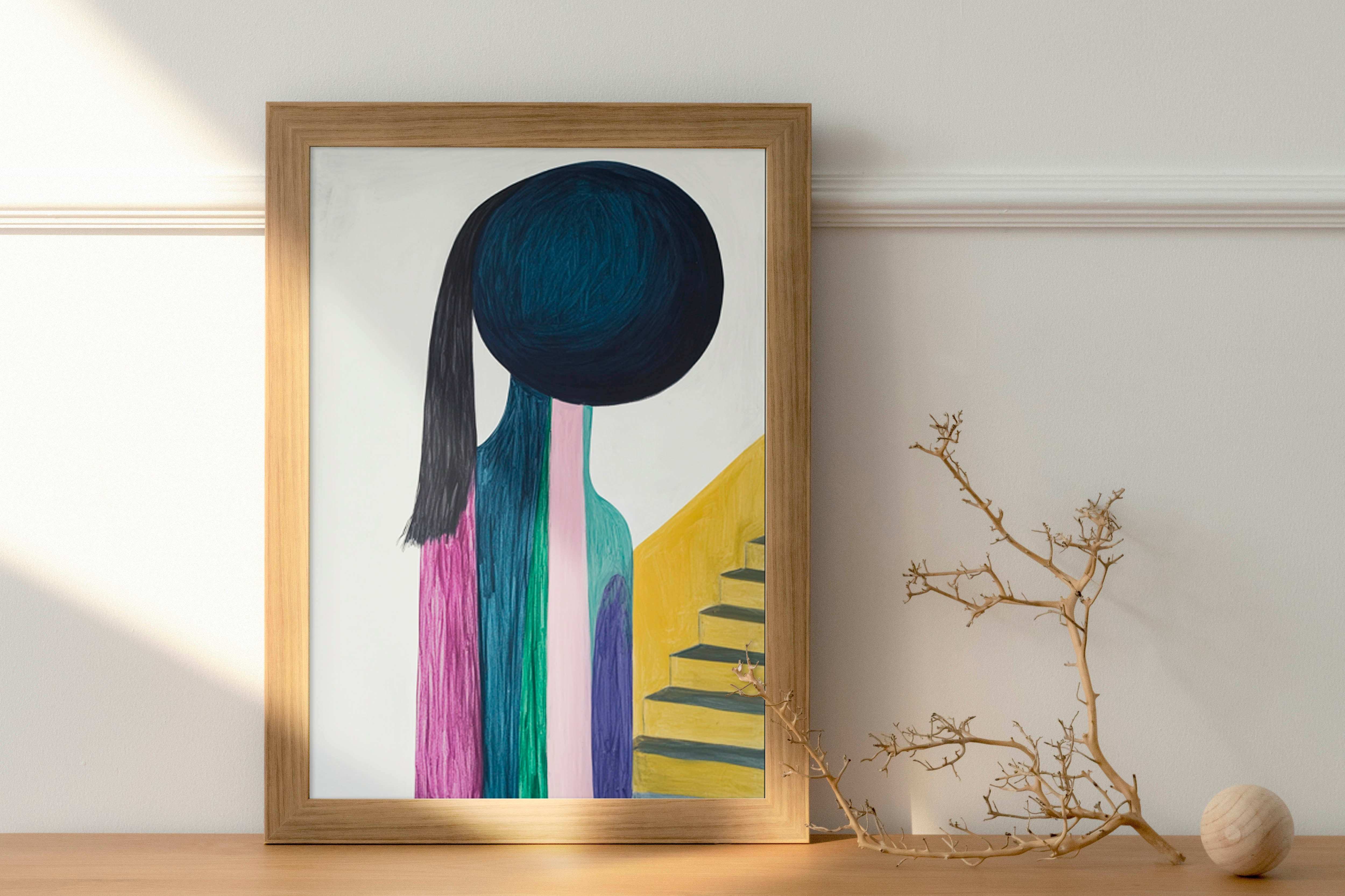 Vibrant Stairs: A Minimalist Portrait in Pastel and Bold Colors