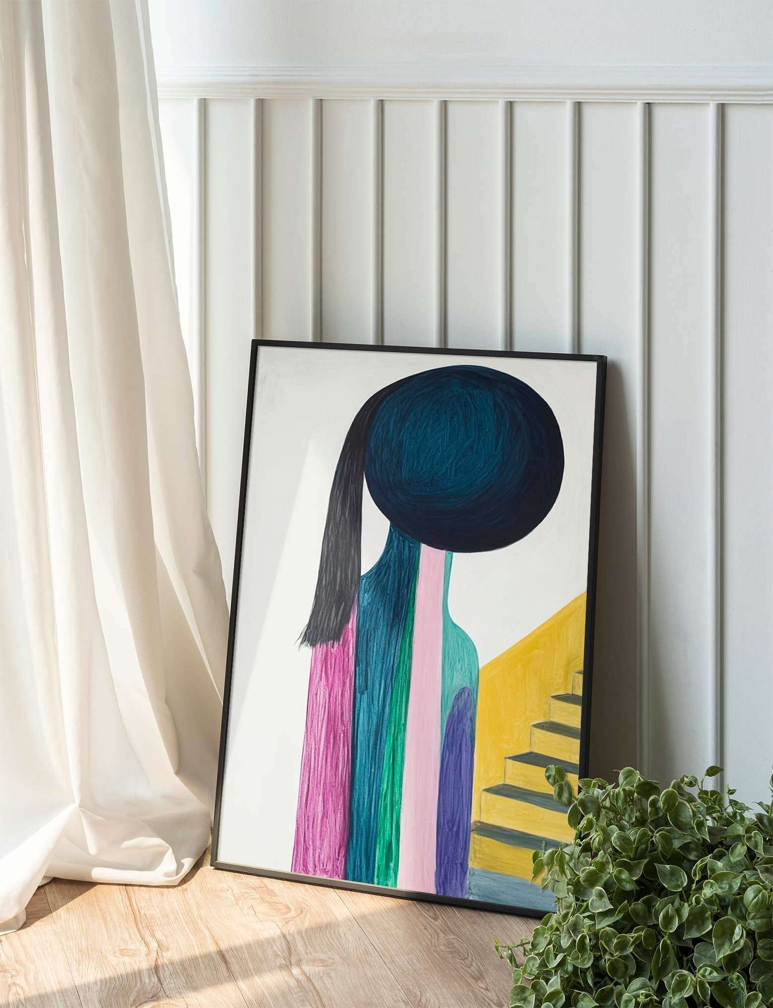 Vibrant Stairs: A Minimalist Portrait in Pastel and Bold Colors