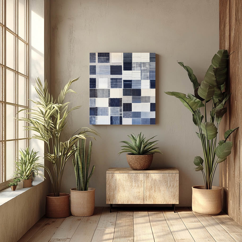 Denim Patchwork: Modern Abstract Fabric Canvas