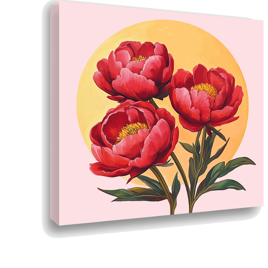 Three Red Peonies with Sunburst: Modern Minimalism