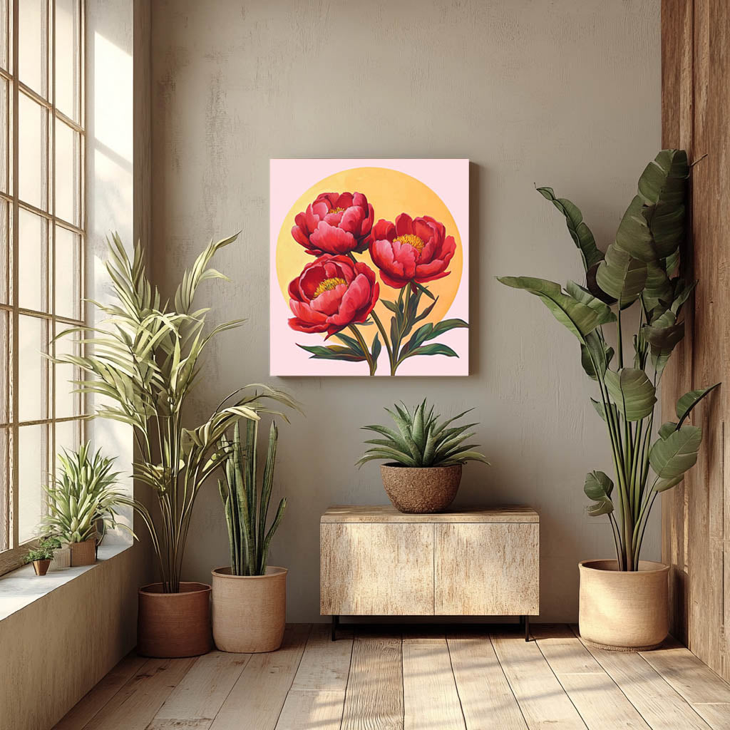 Three Red Peonies with Sunburst: Modern Minimalism