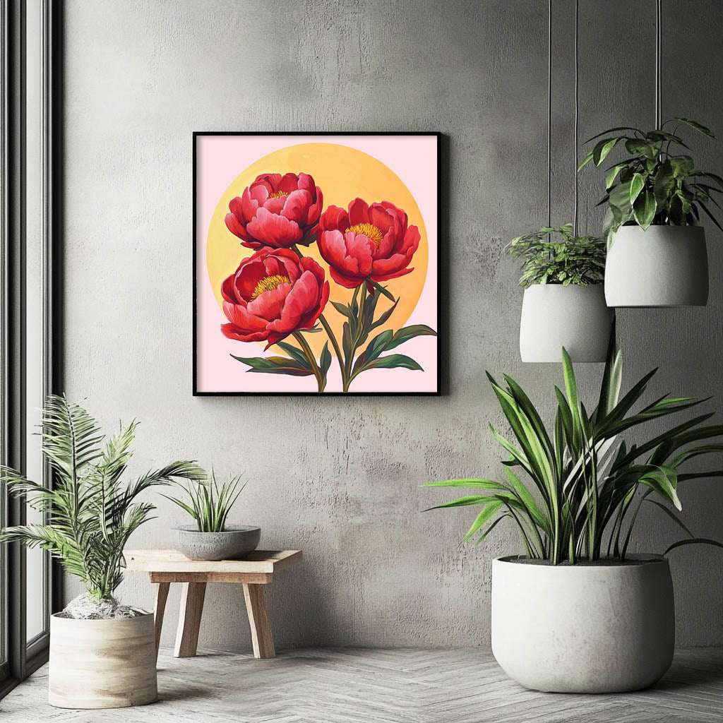 Three Red Peonies with Sunburst: Modern Minimalism