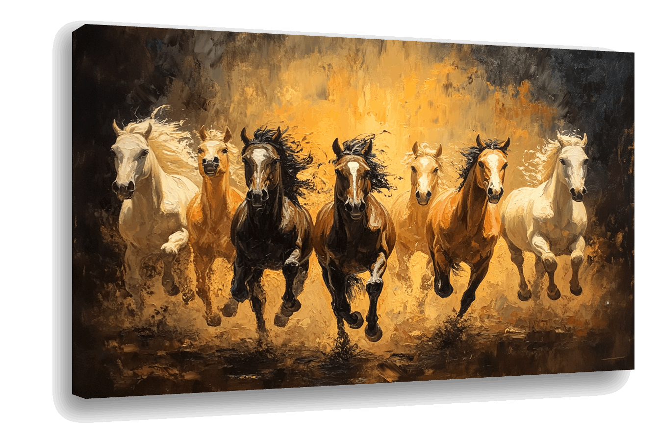 Golden Momentum: Seven Galloping Horses