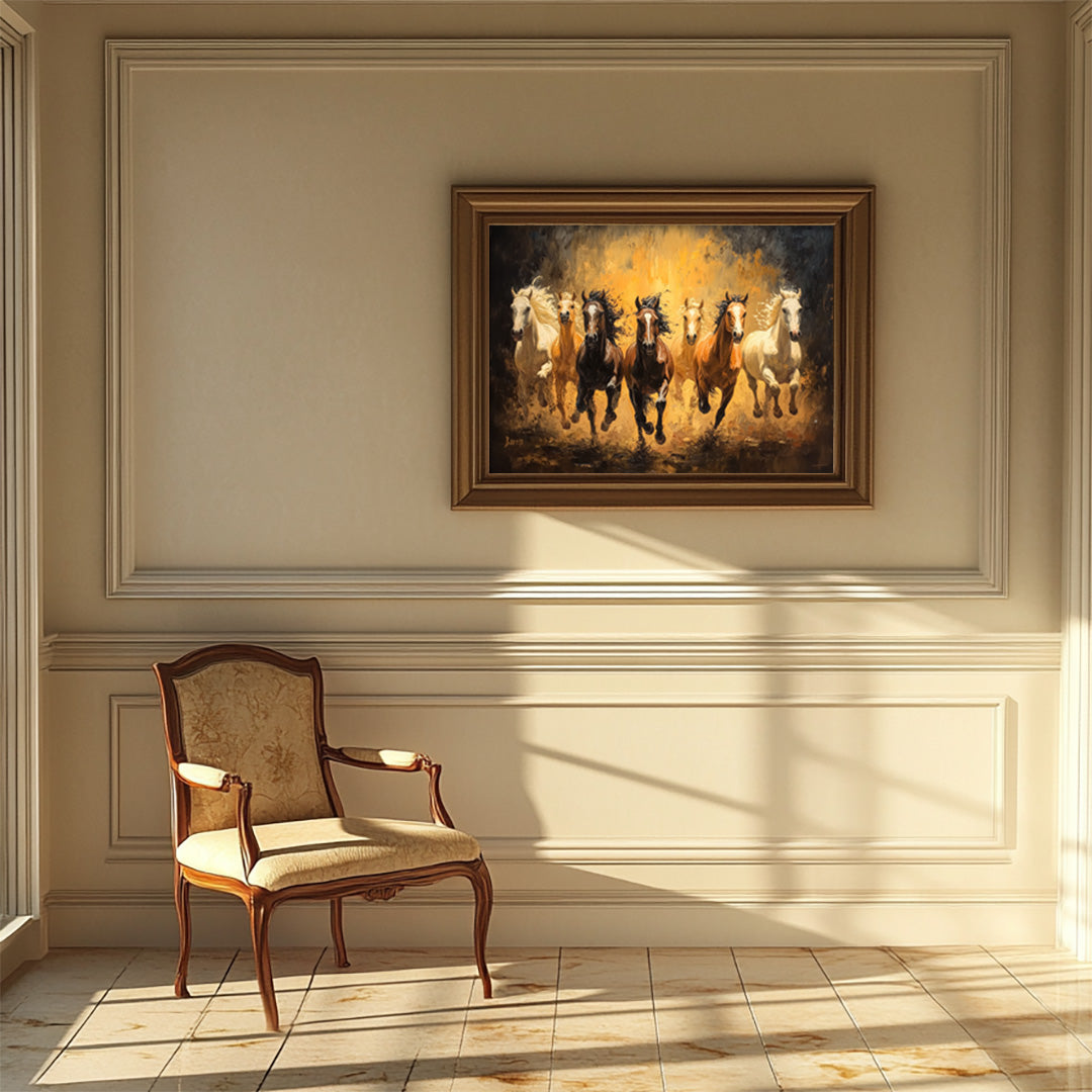 Golden Momentum: Seven Galloping Horses