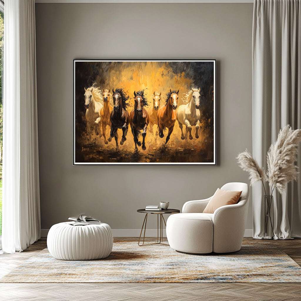 Golden Momentum: Seven Galloping Horses