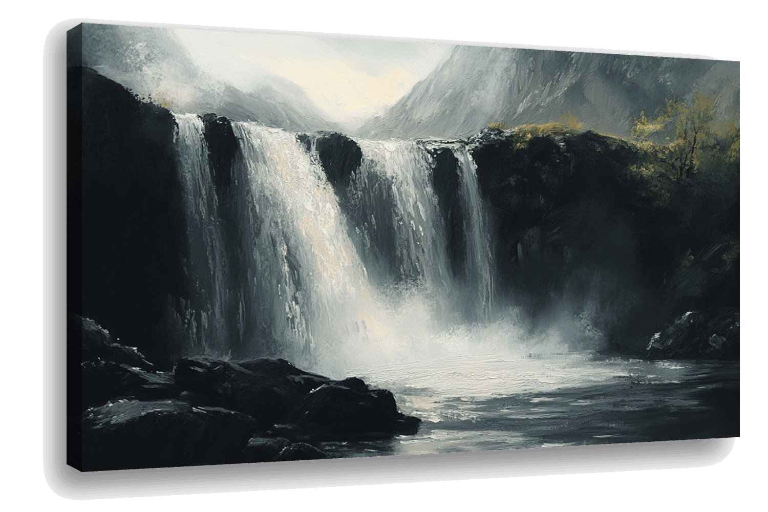 Mystic Falls: Hyper-Realistic Waterfall in Black & Grey
