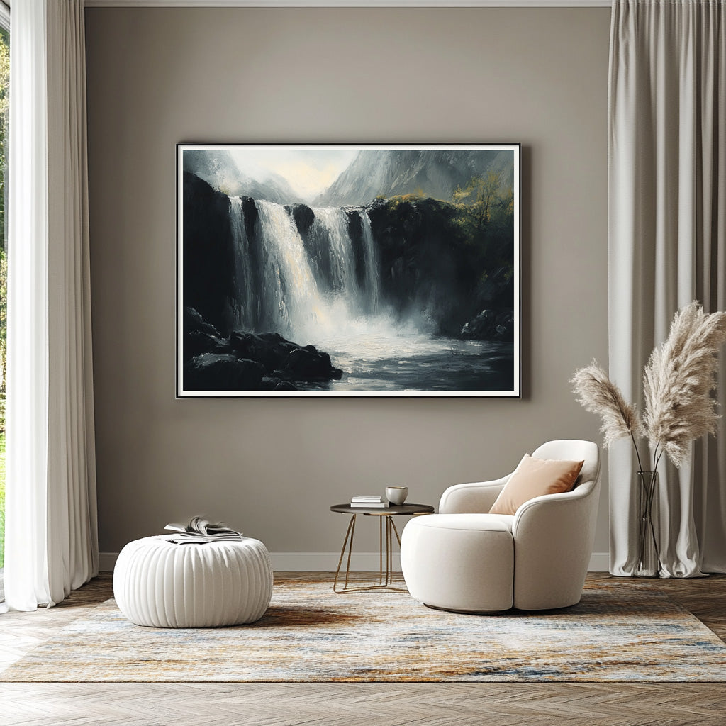 Mystic Falls: Hyper-Realistic Waterfall in Black & Grey