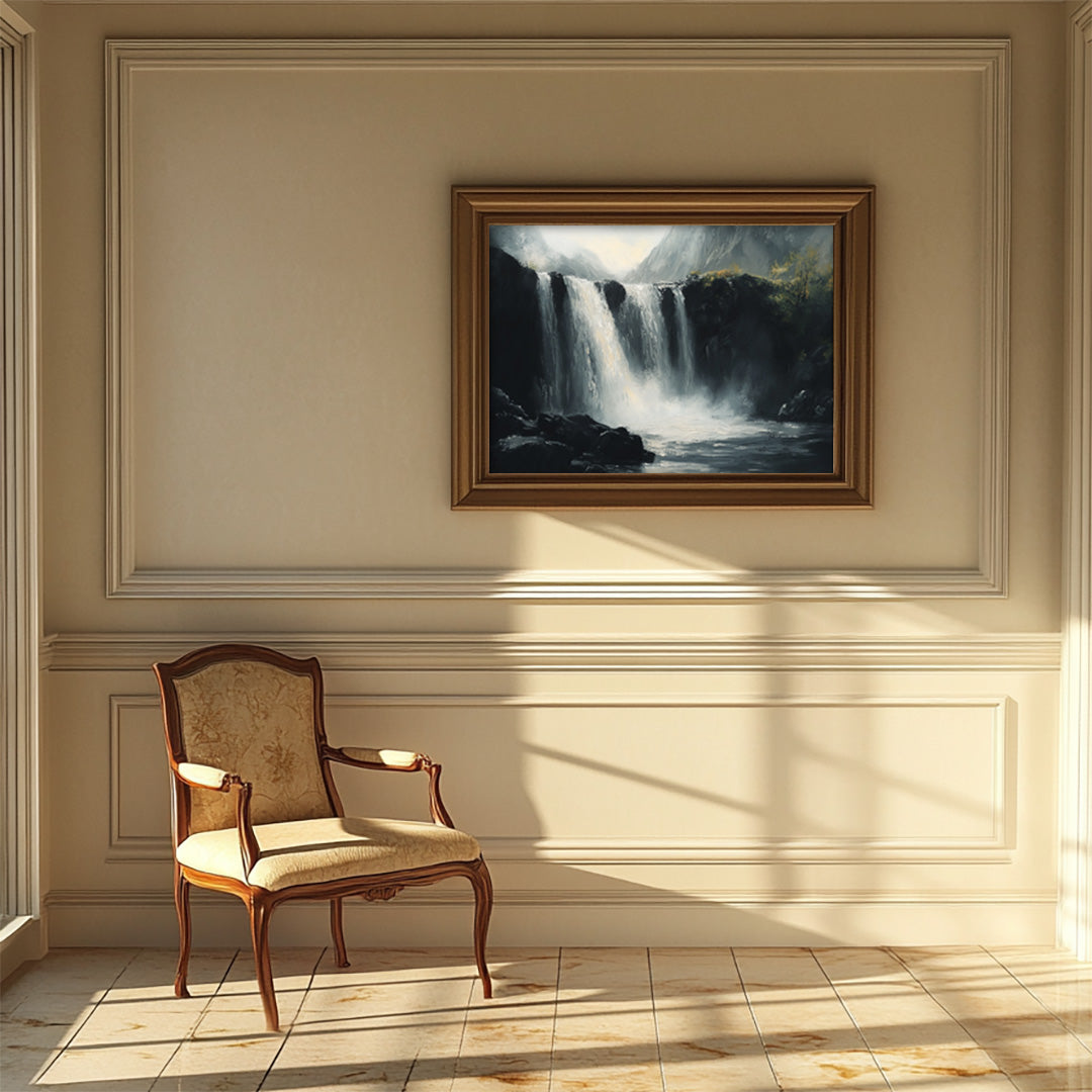 Mystic Falls: Hyper-Realistic Waterfall in Black & Grey