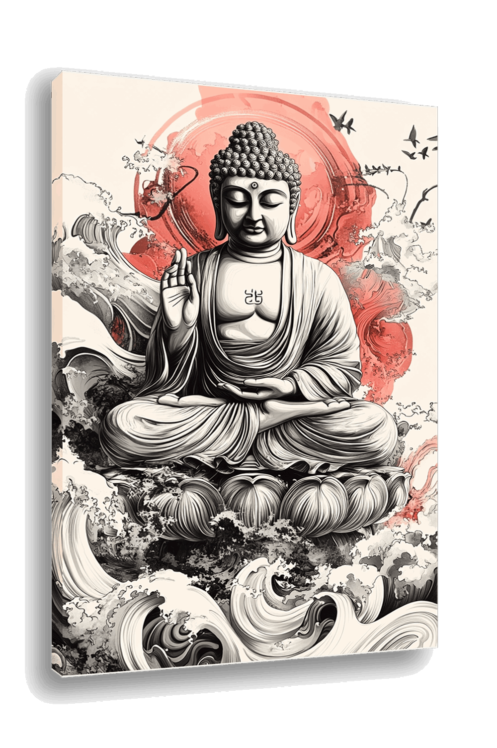 Tranquil Spirit: Buddha with Red Sun and Lotus Robe