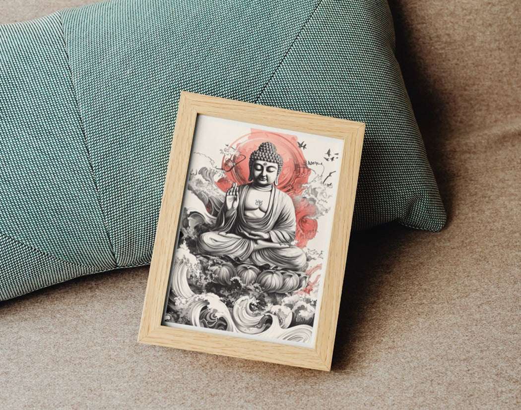 Tranquil Spirit: Buddha with Red Sun and Lotus Robe
