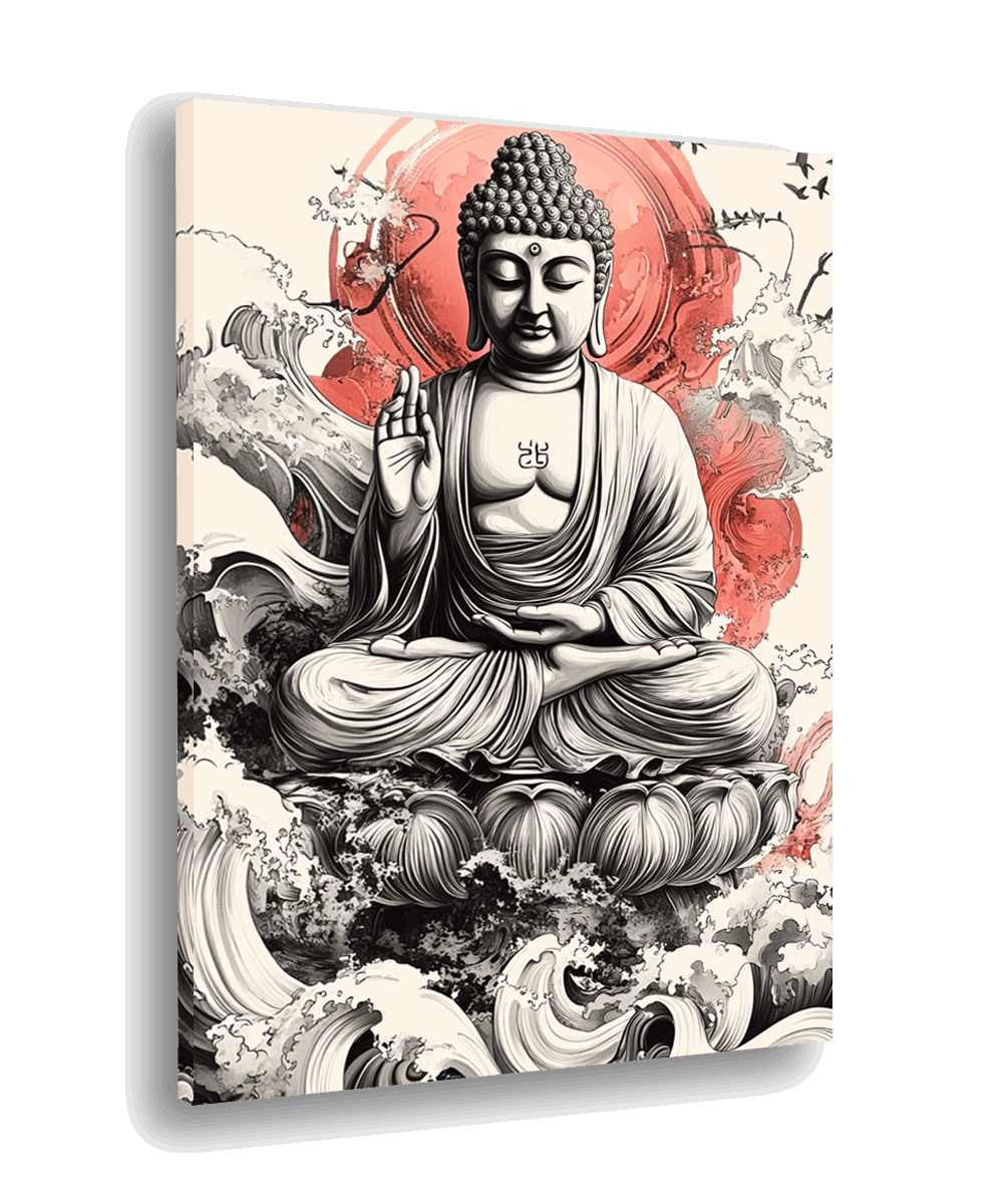 Tranquil Spirit: Buddha with Red Sun and Lotus Robe