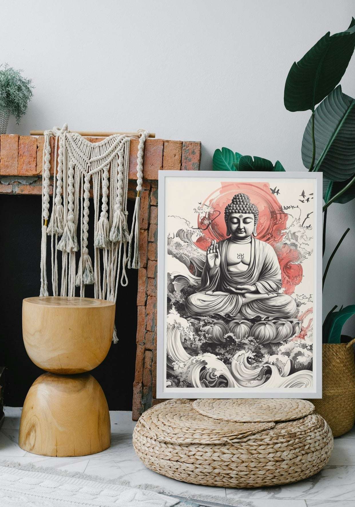 Tranquil Spirit: Buddha with Red Sun and Lotus Robe