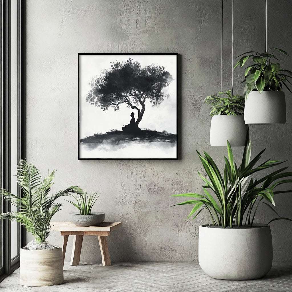 Silent Reflection: Buddha Under the Olive Tree