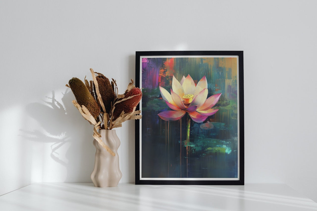 Dynamic Bloom: Lotus with Dripping Paint Effect