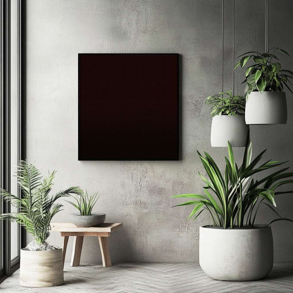 Crimson Glow: Dark Brown Canvas with Red Dot Symmetry