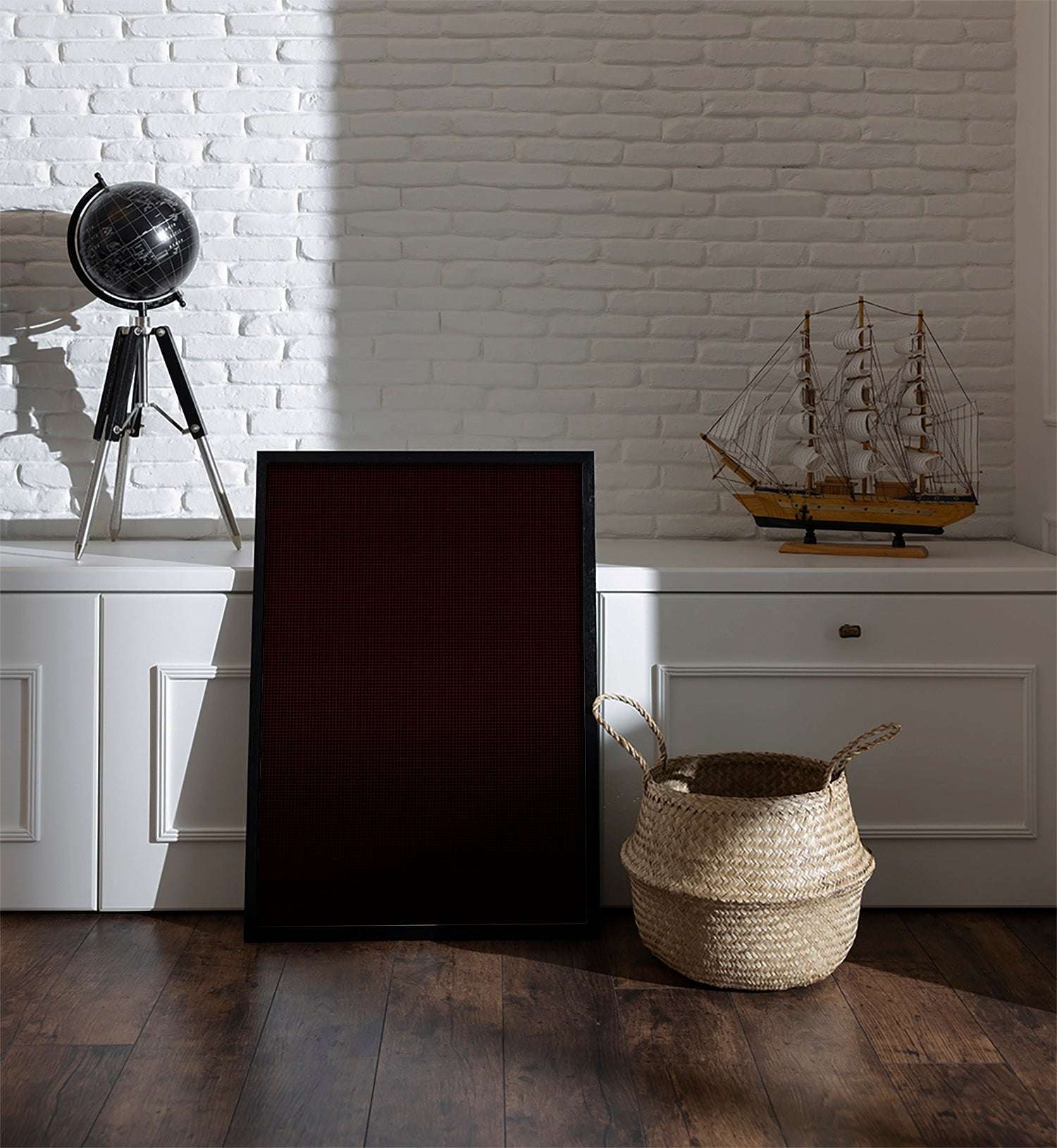 Crimson Glow: Dark Brown Canvas with Red Dot Symmetry